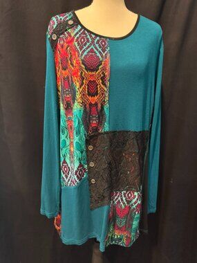 Mirror Image Teal Mixed-Print Tunic Top, Size XL